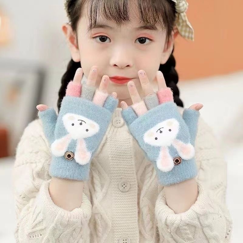 Laste väikeste jänesekindad sügis- ja talvebeebipoistele ja -tüdrukutele paksendatud soojad laste viie sõrmega algkooliõpilaste kirjutamiskindad poole sõrmega pööramiseks