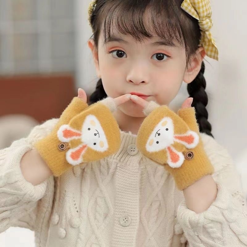 Laste väikeste jänesekindad sügis- ja talvebeebipoistele ja -tüdrukutele paksendatud soojad laste viie sõrmega algkooliõpilaste kirjutamiskindad poole sõrmega pööramiseks