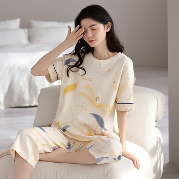 Υψηλής ποιότητας συμπαγείς γυναικείες πιτζάμες από βαμβάκι για την άνοιξη και το καλοκαίρι του 2025, νέα κοντομάνικα παντελόνια με λεπτό βαμβακερό κοστούμι για το σπίτι