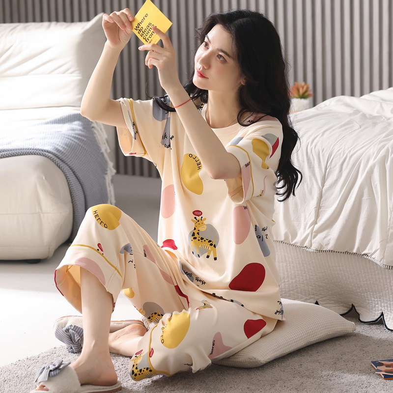 Visokokvalitetne kompaktne pamučne ženske pidžame za proljeće i ljeto 2025., nove kratke rukave, skraćene hlače, odijelo za tanku pamučnu kućnu odjeću