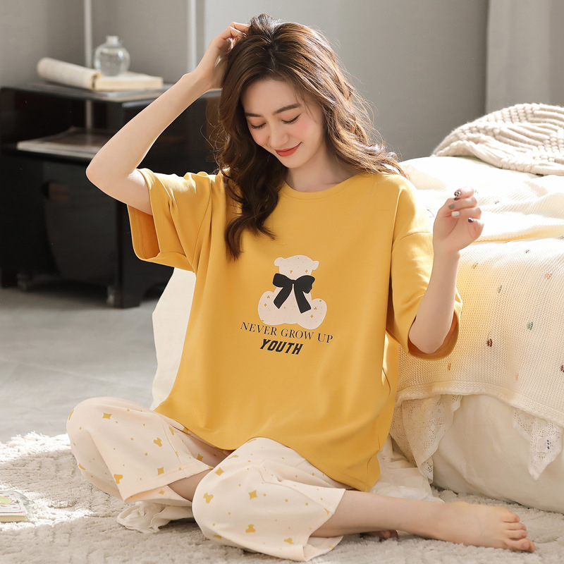 Visokokvalitetne kompaktne pamučne ženske pidžame za proljeće i ljeto 2025., nove kratke rukave, skraćene hlače, odijelo za tanku pamučnu kućnu odjeću