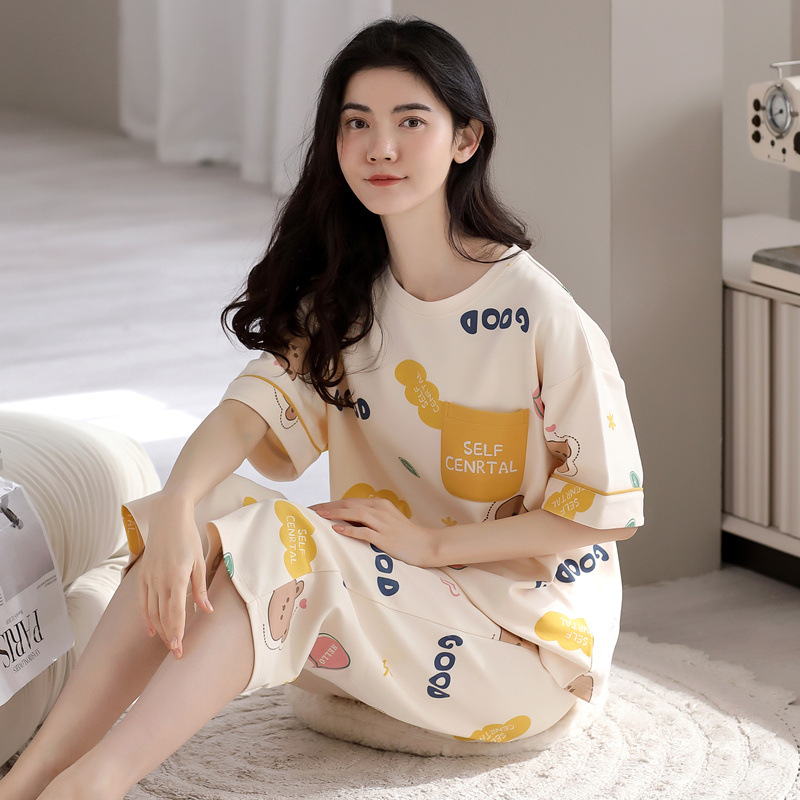 Visokokvalitetne kompaktne pamučne ženske pidžame za proljeće i ljeto 2025., nove kratke rukave, skraćene hlače, odijelo za tanku pamučnu kućnu odjeću