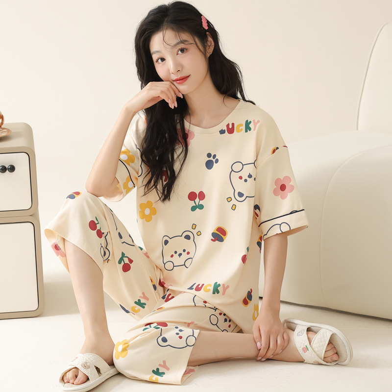 Visokokvalitetne kompaktne pamučne ženske pidžame za proljeće i ljeto 2025., nove kratke rukave, skraćene hlače, odijelo za tanku pamučnu kućnu odjeću