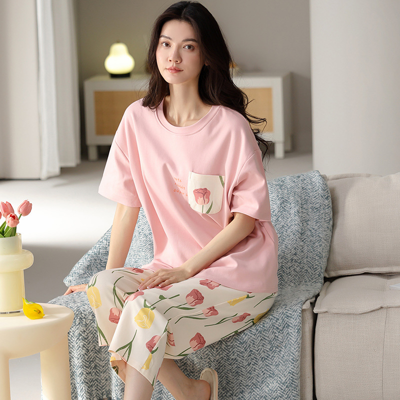 Visokokvalitetne kompaktne pamučne ženske pidžame za proljeće i ljeto 2025., nove kratke rukave, skraćene hlače, odijelo za tanku pamučnu kućnu odjeću