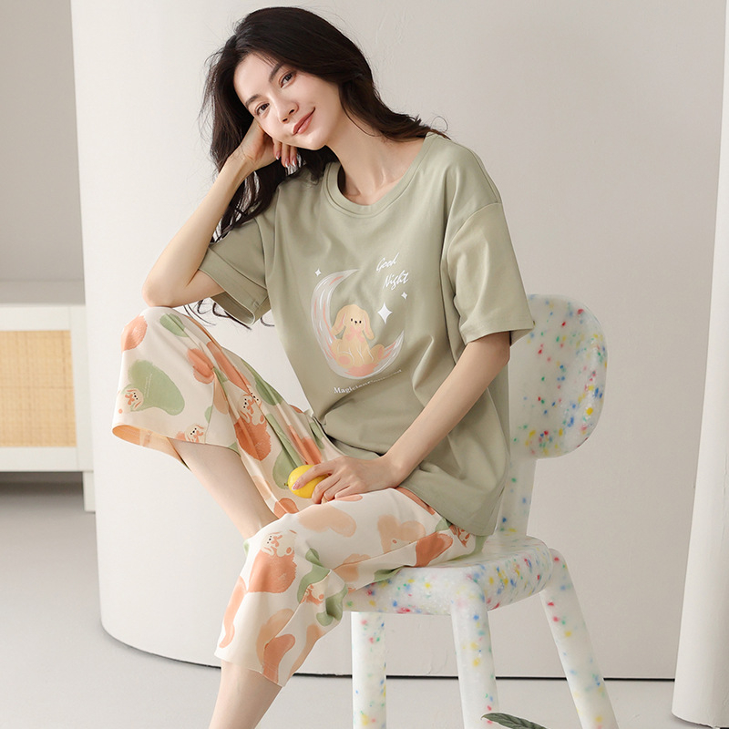 Visokokvalitetne kompaktne pamučne ženske pidžame za proljeće i ljeto 2025., nove kratke rukave, skraćene hlače, odijelo za tanku pamučnu kućnu odjeću