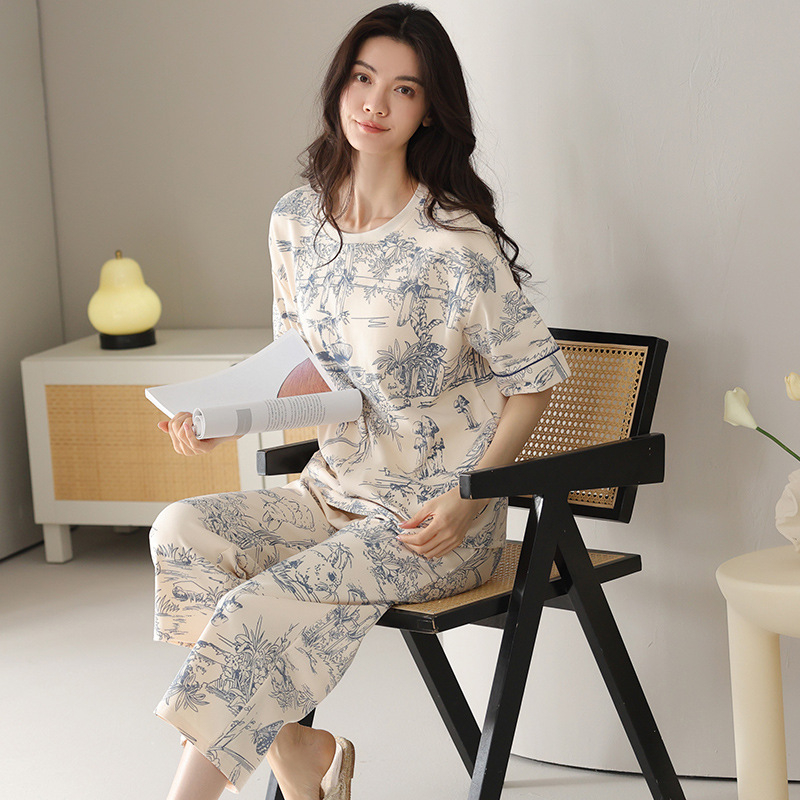 Visokokvalitetne kompaktne pamučne ženske pidžame za proljeće i ljeto 2025., nove kratke rukave, skraćene hlače, odijelo za tanku pamučnu kućnu odjeću