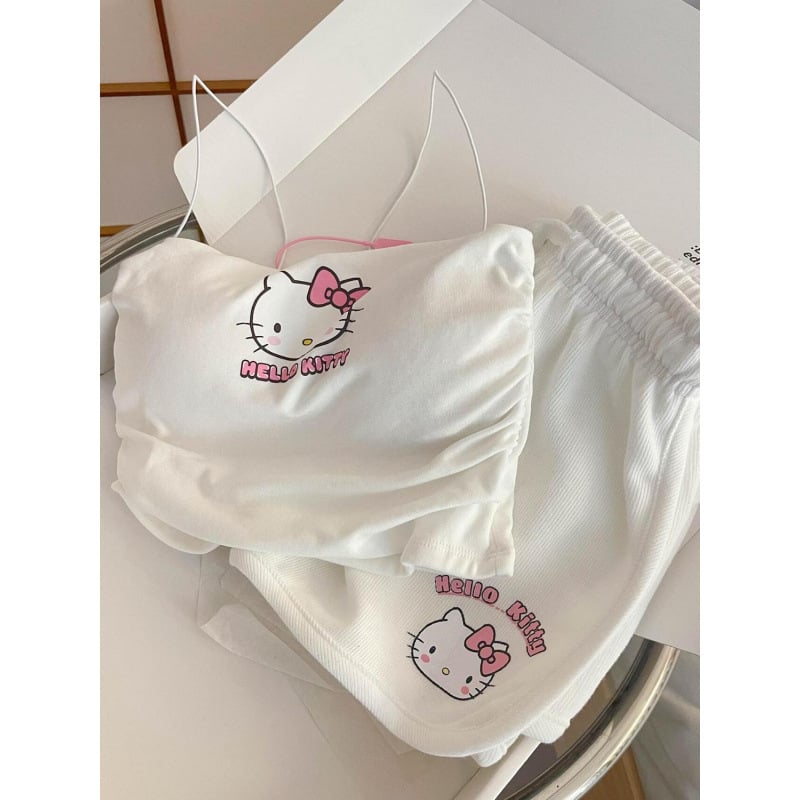 Aranyos Hello Kitty rajzfilmfigurás sling overál Női Nyári Új Lány Diák Édes Húzózsinóros Rövidnadrág Otthoni Ruhák