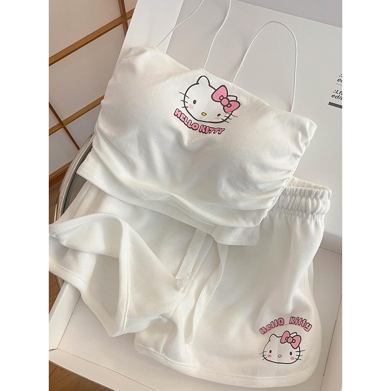 Drăguț Hello Kitty Cartoon Sling costum femei vară nouă fată student dulce cu șnur pantaloni scurți acasă haine