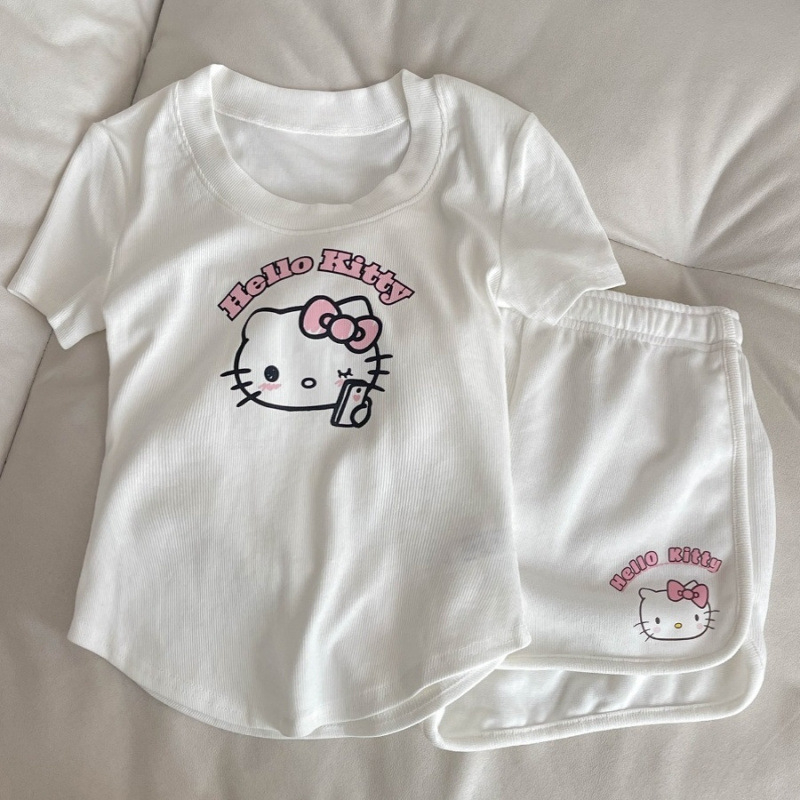 Drăguț Hello Kitty Cartoon Sling costum femei vară nouă fată student dulce cu șnur pantaloni scurți acasă haine