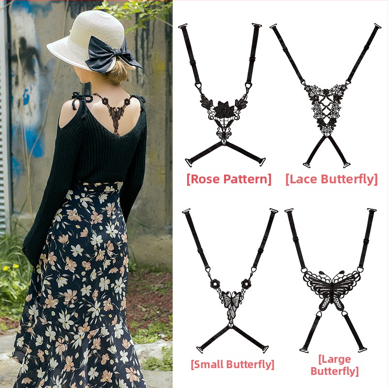 Прозрачен невидим колан с дантела и кухи презрамки, сутиен с кръстосан гръб и двойна презрамка, покриващ рамо, вътрешна презрамка, тънък колан против хлъзгане