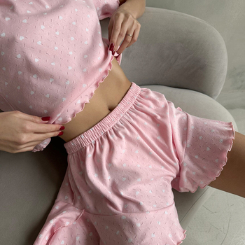 Διασυνοριακή Ευρώπη και Ηνωμένες Πολιτείες ροζ πλεκτό κοστούμι ζακάρ με στάμπα αγάπης, αναπνεύσιμο, φιλικό προς το δέρμα, άνετο, γυναικείο σπίτι, χονδρική πώληση