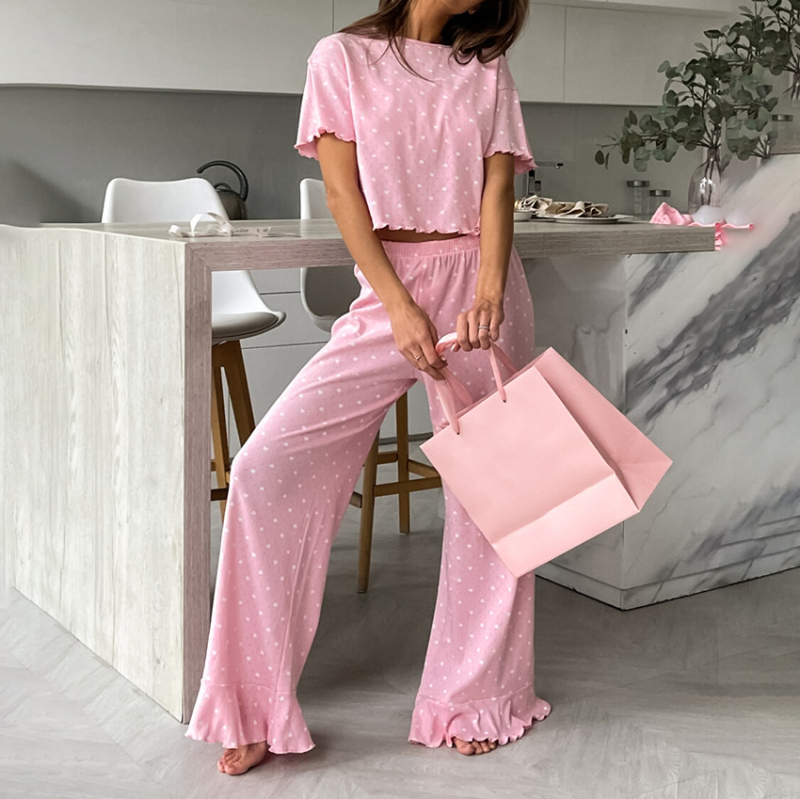 Piiriülene Euroopa ja Ameerika Ühendriikide roosa kootud armastusega trükitud žakaarmustriga pidžaamaülikond, hingav, nahasõbralik, mugav, naiste koduriiete hulgimüük