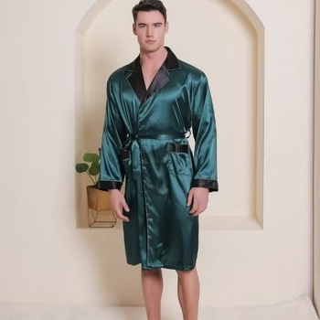 Διασυνοριακό Ανδρικό Ευρωπαϊκό Μέγεθος Plus Size Ζακέτα Μακρυμάνικη Νυχτικιά Διπλή Τσέπη Εξωτερικού Εμπορίου Μεταξωτά Ρούχα Σπιτιού Μονόχρωμο Μακρυμάνικο