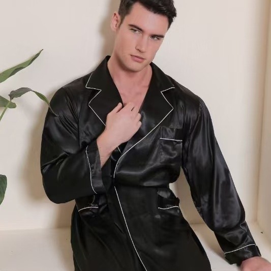 Muški kardigan europske veličine, plus size, dugi rukav, spavaćica s dvostrukim džepom, svilena odjeća za vanjsku trgovinu, jednobojni dugi rukav