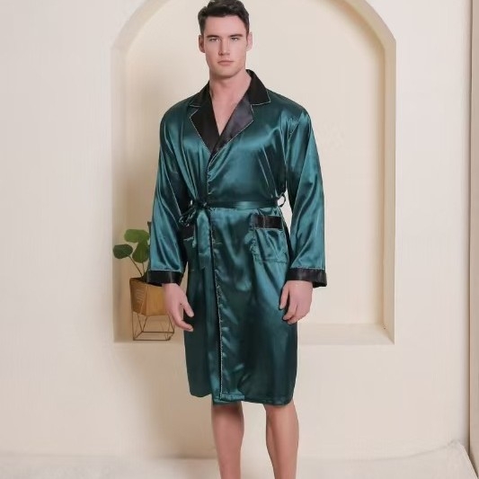 Muški kardigan europske veličine, plus size, dugi rukav, spavaćica s dvostrukim džepom, svilena odjeća za vanjsku trgovinu, jednobojni dugi rukav