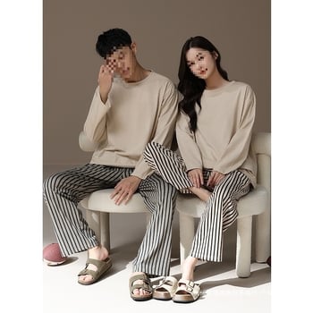 Νέες πιτζάμες ζευγαριού του 2025 για άνδρες και γυναίκες Άνοιξη & Φθινόπωρο, μακρυμάνικες, από καθαρό βαμβάκι, ριγέ, σε καθαρό χρώμα, με στρογγυλή λαιμόκοψη, για το σπίτι