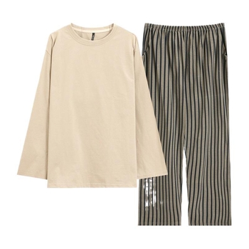 Νέες πιτζάμες ζευγαριού του 2025 για άνδρες και γυναίκες Άνοιξη & Φθινόπωρο, μακρυμάνικες, από καθαρό βαμβάκι, ριγέ, σε καθαρό χρώμα, με στρογγυλή λαιμόκοψη, για το σπίτι