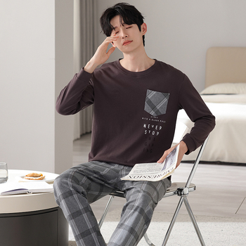 Pavasario ir rudens minkšti dvipusiai grynos medvilnės kvėpuojantys ilgomis rankovėmis laisvalaikio paprastos pižamos jaunų vyrų laisvi plius dydžio namų drabužiai