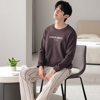 Pavasario ir rudens minkšti dvipusiai grynos medvilnės kvėpuojantys ilgomis rankovėmis laisvalaikio paprastos pižamos jaunų vyrų laisvi plius dydžio namų drabužiai