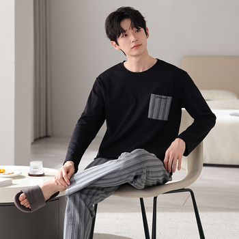 Pavasario ir rudens minkšti dvipusiai grynos medvilnės kvėpuojantys ilgomis rankovėmis laisvalaikio paprastos pižamos jaunų vyrų laisvi plius dydžio namų drabužiai
