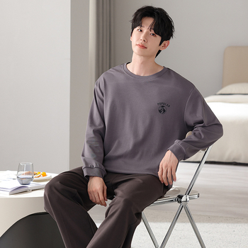 Pavasario ir rudens minkšti dvipusiai grynos medvilnės kvėpuojantys ilgomis rankovėmis laisvalaikio paprastos pižamos jaunų vyrų laisvi plius dydžio namų drabužiai