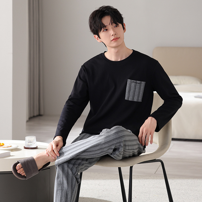 Pavasario ir rudens minkšti dvipusiai grynos medvilnės kvėpuojantys ilgomis rankovėmis laisvalaikio paprastos pižamos jaunų vyrų laisvi plius dydžio namų drabužiai