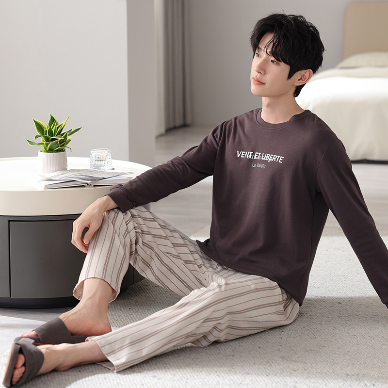 Pavasario ir rudens minkšti dvipusiai grynos medvilnės kvėpuojantys ilgomis rankovėmis laisvalaikio paprastos pižamos jaunų vyrų laisvi plius dydžio namų drabužiai