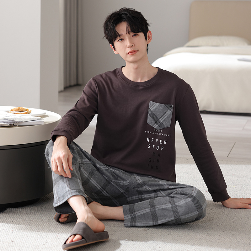 Pavasario ir rudens minkšti dvipusiai grynos medvilnės kvėpuojantys ilgomis rankovėmis laisvalaikio paprastos pižamos jaunų vyrų laisvi plius dydžio namų drabužiai