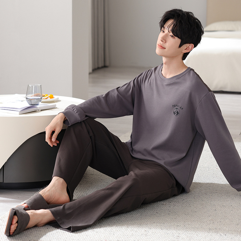 Pavasario ir rudens minkšti dvipusiai grynos medvilnės kvėpuojantys ilgomis rankovėmis laisvalaikio paprastos pižamos jaunų vyrų laisvi plius dydžio namų drabužiai