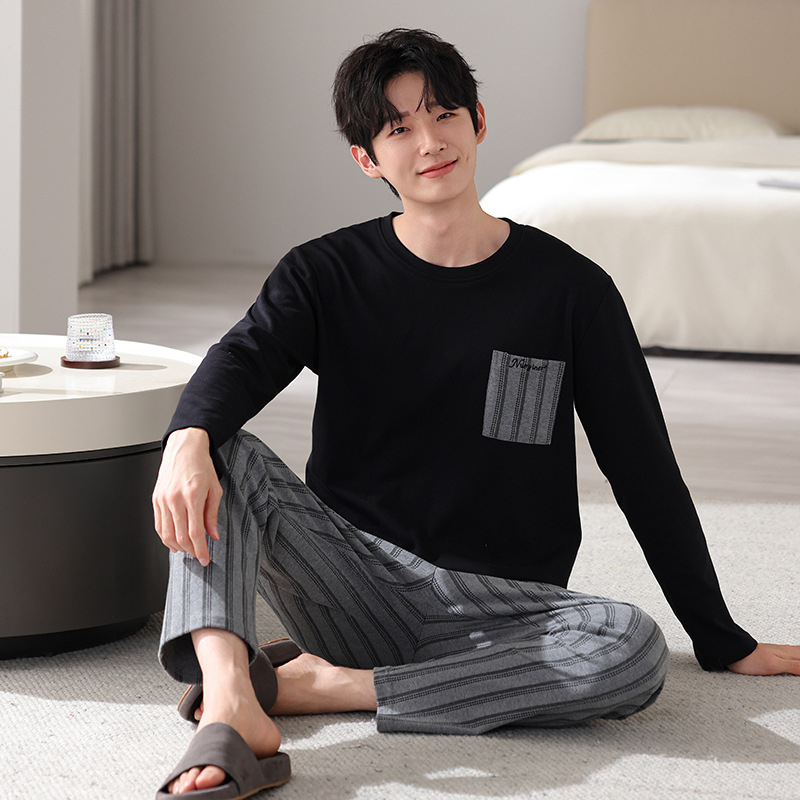 Pavasario ir rudens minkšti dvipusiai grynos medvilnės kvėpuojantys ilgomis rankovėmis laisvalaikio paprastos pižamos jaunų vyrų laisvi plius dydžio namų drabužiai