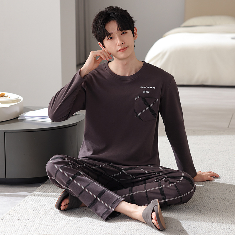 Pavasario ir rudens minkšti dvipusiai grynos medvilnės kvėpuojantys ilgomis rankovėmis laisvalaikio paprastos pižamos jaunų vyrų laisvi plius dydžio namų drabužiai