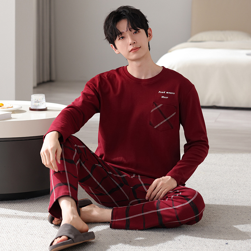 Pavasario ir rudens minkšti dvipusiai grynos medvilnės kvėpuojantys ilgomis rankovėmis laisvalaikio paprastos pižamos jaunų vyrų laisvi plius dydžio namų drabužiai