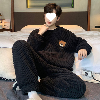 Πιτζάμες Ανδρικές Φθινοπωρινές και Χειμερινές Κοραλλί Φλις με επένδυση από φλις και γελοιογραφία, χειμωνιάτικη φανέλα, ζεστή ενδυμασία σπιτιού