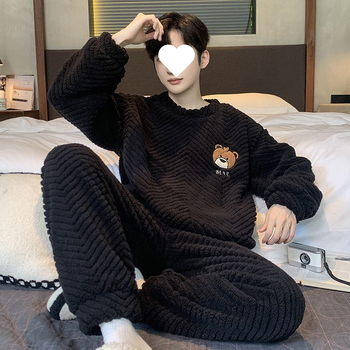 Πιτζάμες Ανδρικές Φθινοπωρινές και Χειμερινές Κοραλλί Φλις με επένδυση από φλις και γελοιογραφία, χειμωνιάτικη φανέλα, ζεστή ενδυμασία σπιτιού