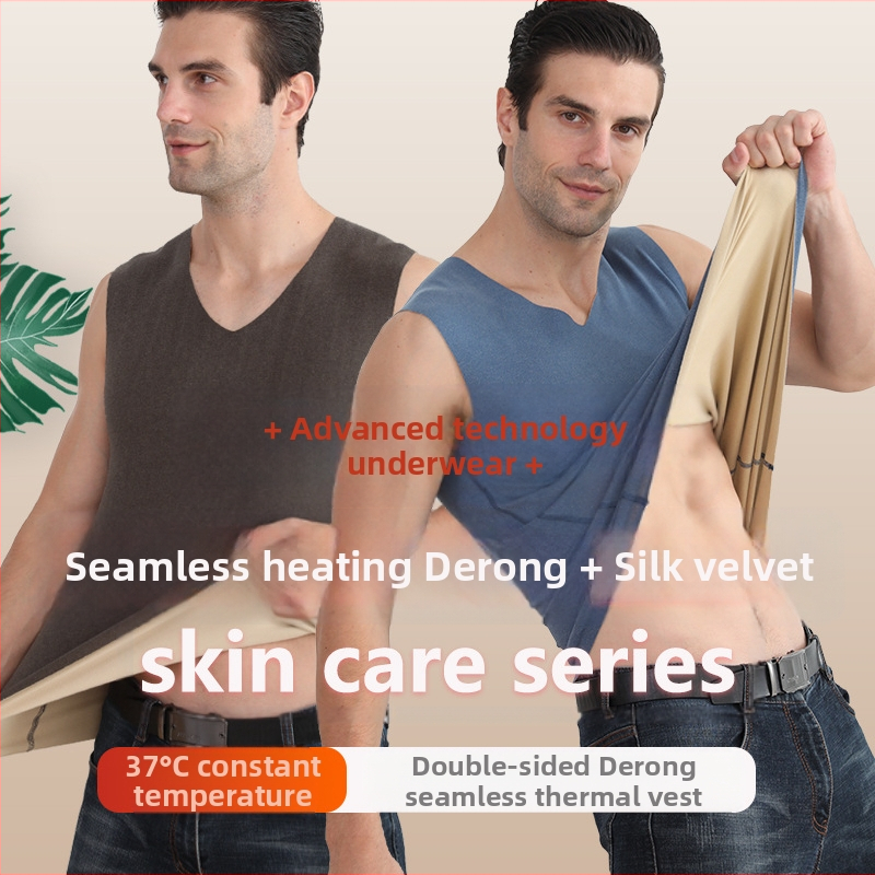 De velvet ātri uzsilstoša vīriešu V veida kakla bezšuvju termoveste rudens un ziemas apakšdaļai, birstēta, plāna, sabiezināta, ar flīsa oderi.