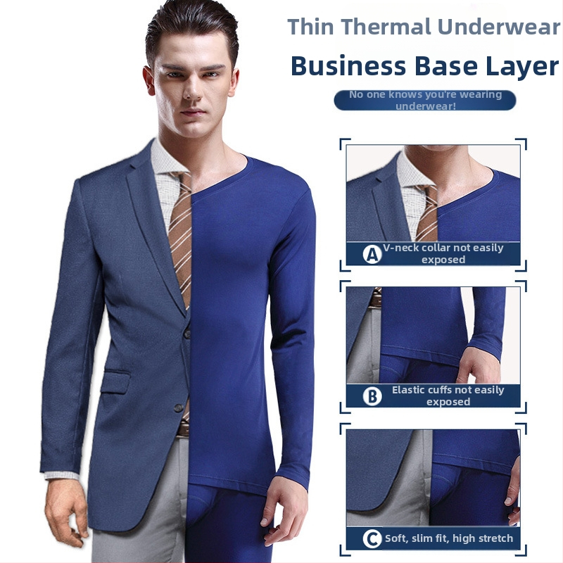 Мъжко термо бельо с дълъг ръкав, стегнато V-образно деколте, есенно-зимно, тънко, базово бельо, есенни дрехи, зимно бельо за млади и средна възраст