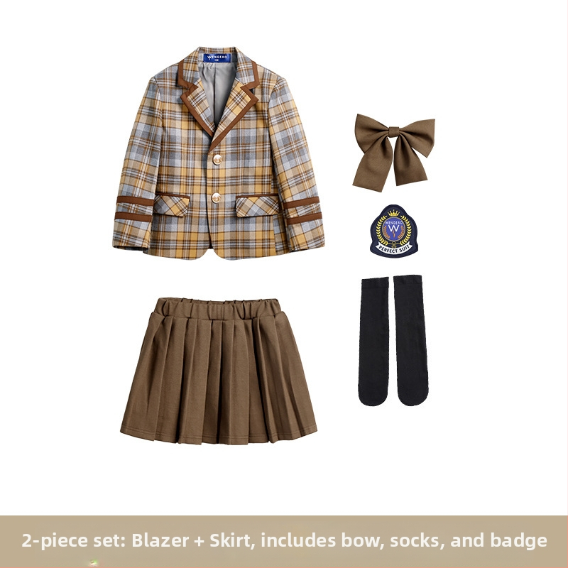 Pradinės mokyklos mokinių pavasario ir rudens klasės drabužiai britų koledžo stiliaus mokyklinė uniforma darželio sodo drabužiai vaikams languotas kostiumas sijonas kostiumas