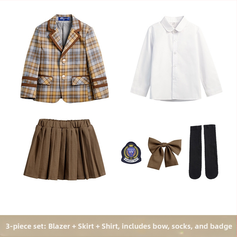 Pradinės mokyklos mokinių pavasario ir rudens klasės drabužiai britų koledžo stiliaus mokyklinė uniforma darželio sodo drabužiai vaikams languotas kostiumas sijonas kostiumas