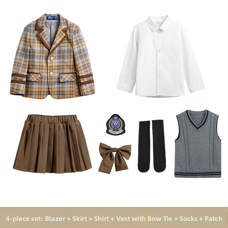 Pradinės mokyklos mokinių pavasario ir rudens klasės drabužiai britų koledžo stiliaus mokyklinė uniforma darželio sodo drabužiai vaikams languotas kostiumas sijonas kostiumas