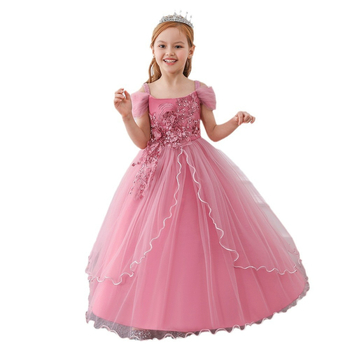 2024 νέο παιδικό μακρύ φόρεμα πριγκίπισσας με έξω ώμους, φόρεμα με νεράιδα και λουλούδια, χνουδωτό φόρεμα σκηνής