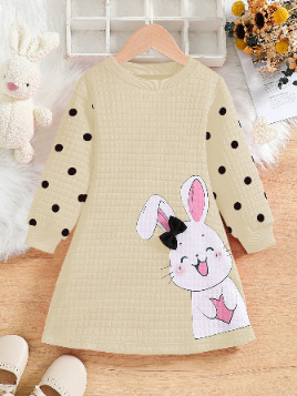 Piiriülene Euroopa ja Ameerika stiilis tüdrukute armas jänesetrükiga kolmemõõtmeline lipsuga crewneck pikkade varrukatega lääne stiilis kleit