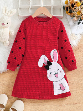 Piiriülene Euroopa ja Ameerika stiilis tüdrukute armas jänesetrükiga kolmemõõtmeline lipsuga crewneck pikkade varrukatega lääne stiilis kleit