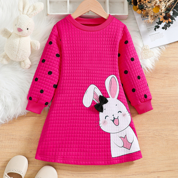 Piiriülene Euroopa ja Ameerika stiilis tüdrukute armas jänesetrükiga kolmemõõtmeline lipsuga crewneck pikkade varrukatega lääne stiilis kleit