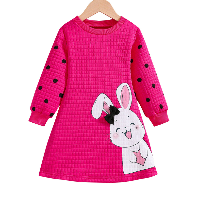 Piiriülene Euroopa ja Ameerika stiilis tüdrukute armas jänesetrükiga kolmemõõtmeline lipsuga crewneck pikkade varrukatega lääne stiilis kleit