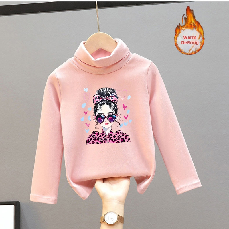 Детска блуза с дълъг ръкав, тип „базов слой“ за момичета, с полувисока яка, в западен стил, плюс дебел кадифе, пролетно-есенна рокля 2025