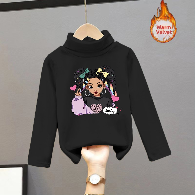 Djevojačka majica s dugim rukavima, zapadnjački stil, poluvisoki ovratnik, debeli baršun, nova dječja odjeća za proljeće i jesen 2025.