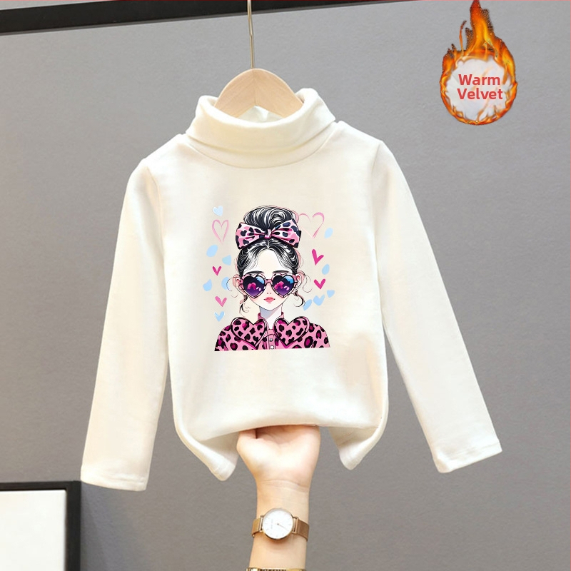 Djevojačka majica s dugim rukavima, zapadnjački stil, poluvisoki ovratnik, debeli baršun, nova dječja odjeća za proljeće i jesen 2025.