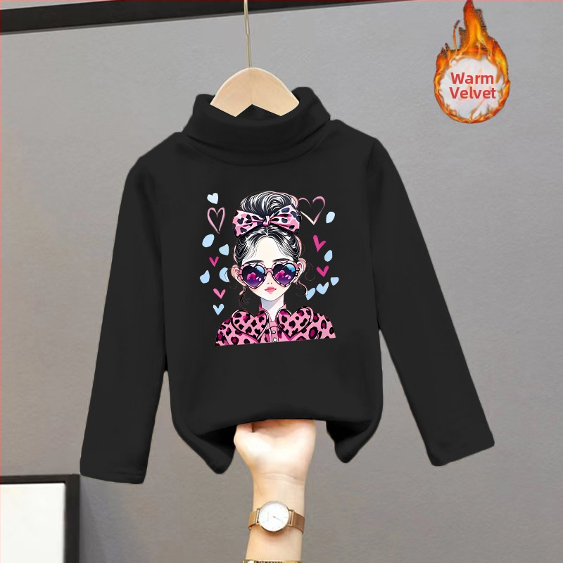 Djevojačka majica s dugim rukavima, zapadnjački stil, poluvisoki ovratnik, debeli baršun, nova dječja odjeća za proljeće i jesen 2025.