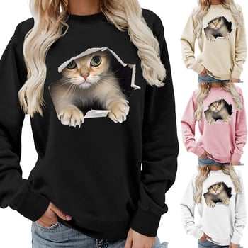 Amazon Source Ženska majica s okruglim izrezom i mačkastim printom, jesenski i zimski kaput, ležeran, široki, europska veličina