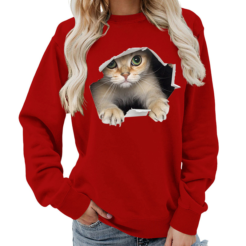 Amazon Source Ženska majica s okruglim izrezom i mačkastim printom, jesenski i zimski kaput, ležeran, široki, europska veličina